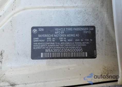 2013 BMW 328 Xi Sulev z USA, uszkodzony, nr VIN WBA3B5G53DNS00995